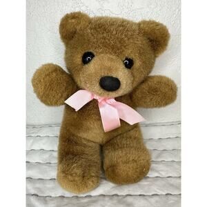 Vintage Oshko Teddy Bear Brown With Pink Bow Tie 8” Black Flocked Nose Plush